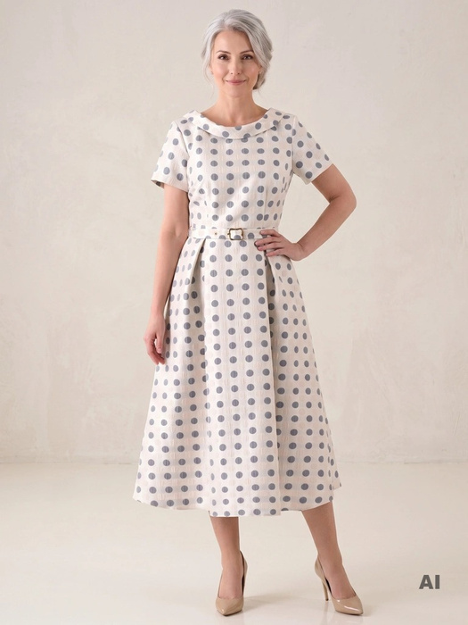 Elegancka suknia wieczorowa maxi rozkloszowana w grochy – fason ze złotą nitką modelujący sylwetkę 39954