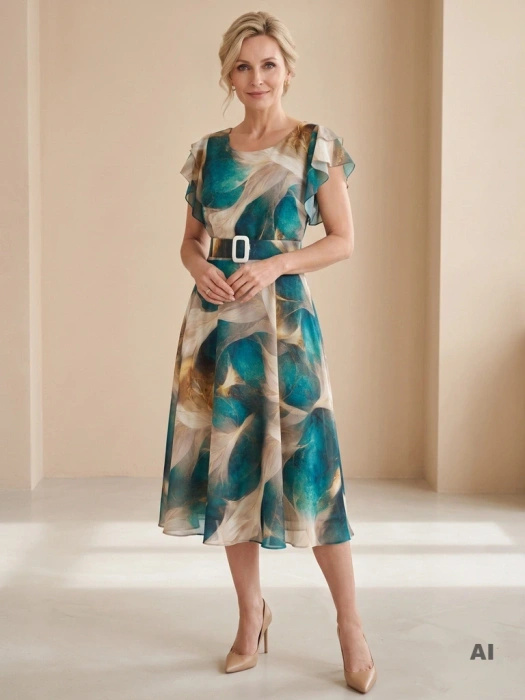 Elegancka sukienka rozkloszowana w odcieniach zieleni – fason midi z paskiem wysmuklający sylwetkę 39791