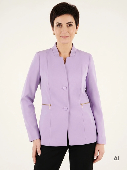 Elegancki żakiet damski do sukienki liliowy – prosty fason ze stylowo wyciętym dekoltem 35680
