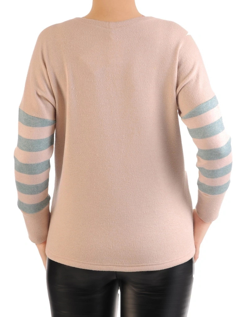 Elegancki sweter damski w beżowo-turkusowe paski – prosty krój z wysmuklającymi wstawkami 34825