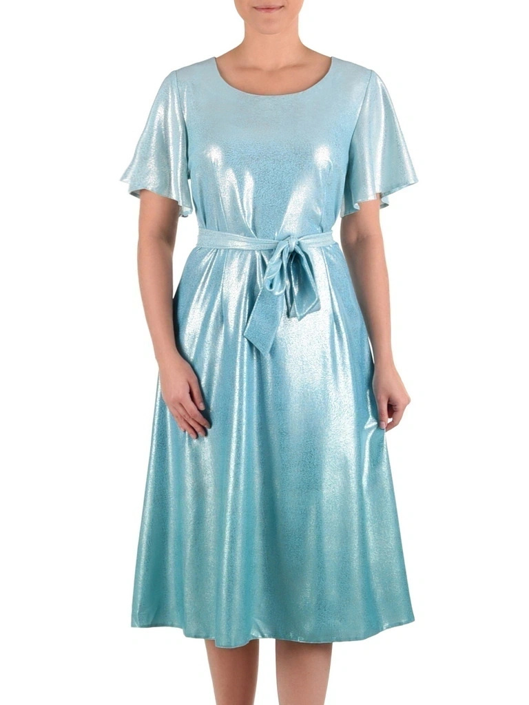 Miętowa sukienka trapezowa midi z paskiem – wysmuklający fason z rozszerzanym rękawkiem 42016