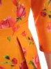 Pomarańczowa sukienka rozkloszowana maxi w kwiaty – elegancki krój z rękawem 3/4 i kontrafałdami 38025