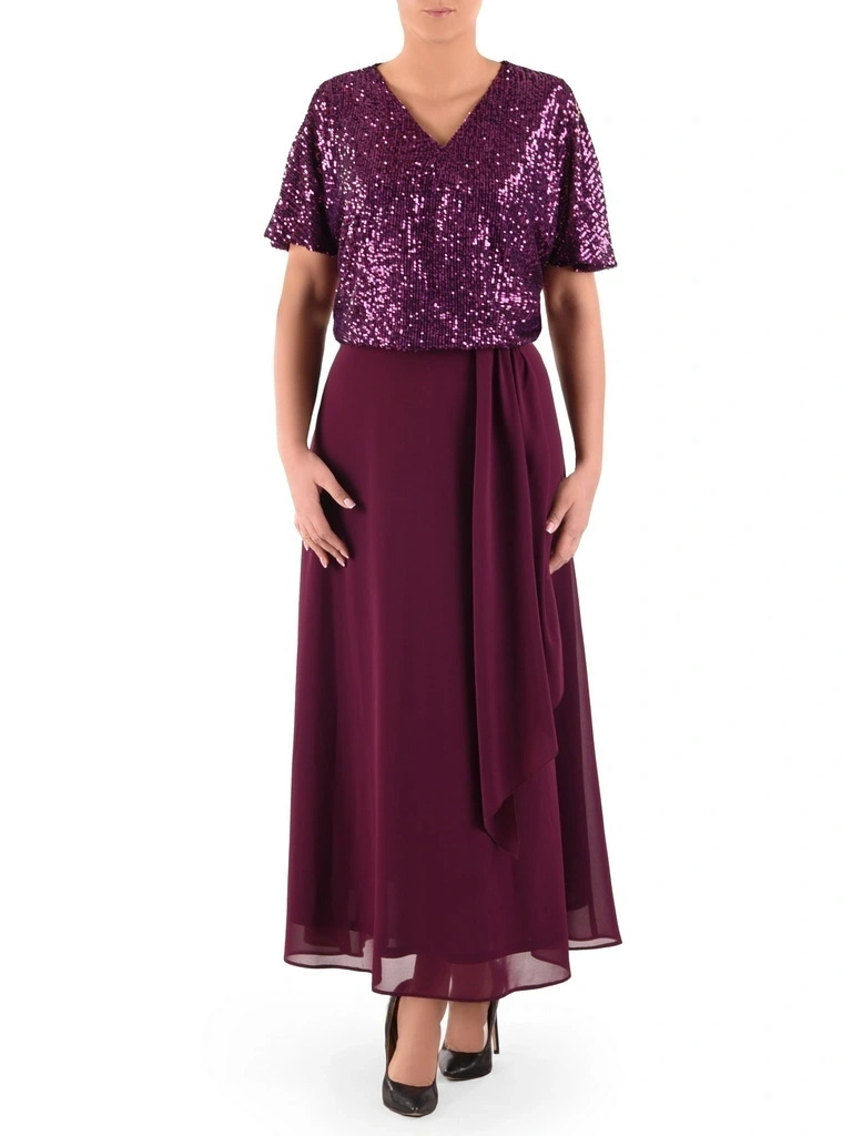 Elegancka fioletowa kreacja maxi z cekinami na wesele – rozkloszowana kaskada z dekoltem V 40967
