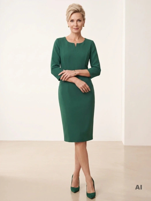 Elegancka zielona sukienka o prostym kroju – kobiecy dekolt i modelujące przeszycia 37328