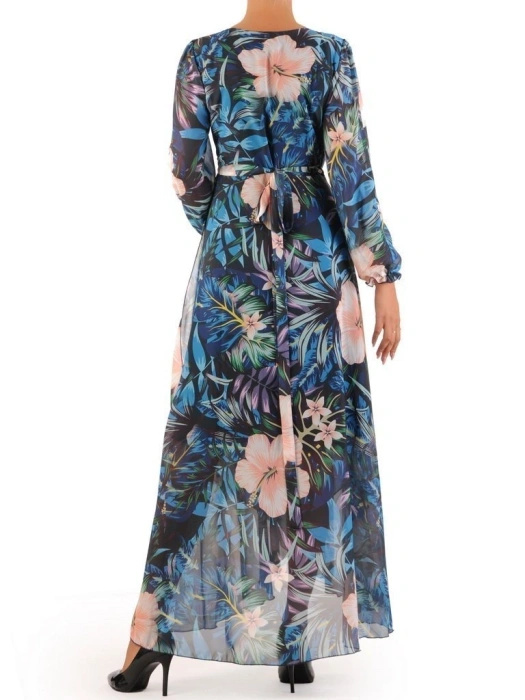 Niebieska rozkloszowana sukienka maxi w kwiaty – zwiewny fason z wiązaniem modelujący sylwetkę 30017
