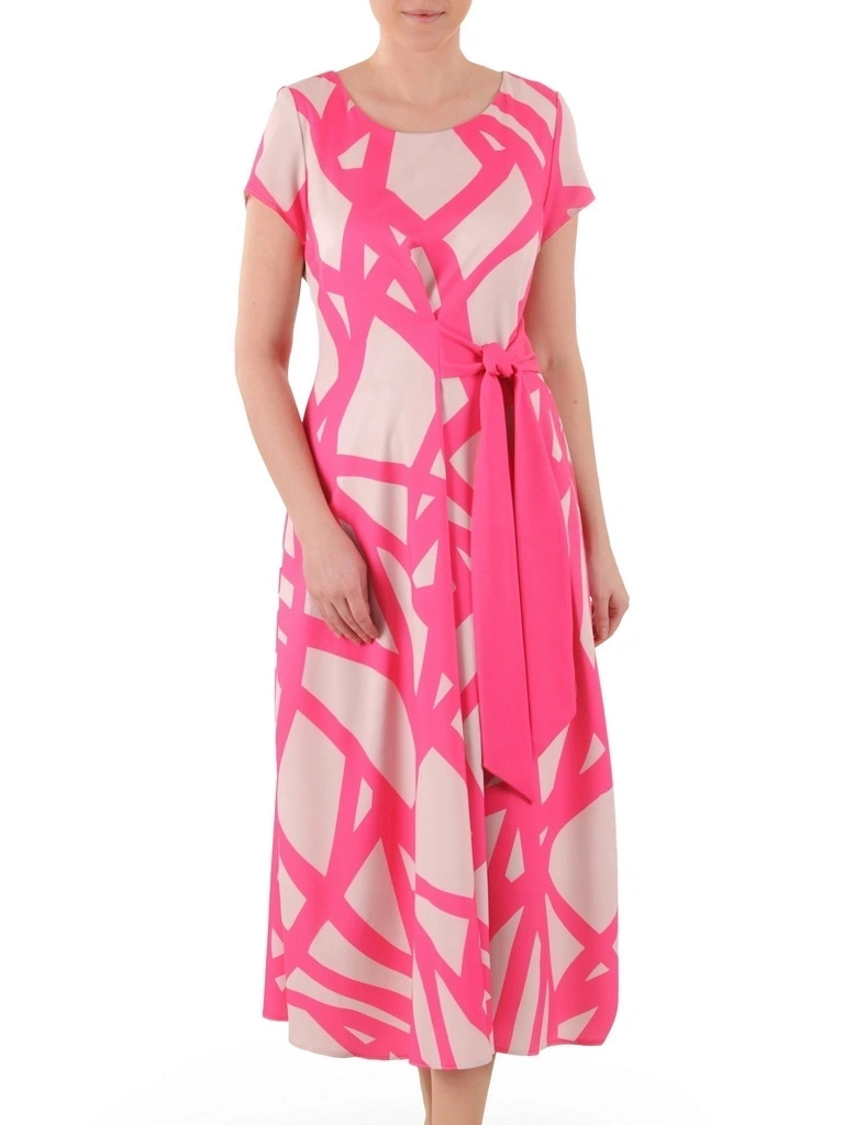 Rozkloszowana sukienka maxi amarantowo-beżowa – wiązanie w pasie pięknie podkreślające talię 39612