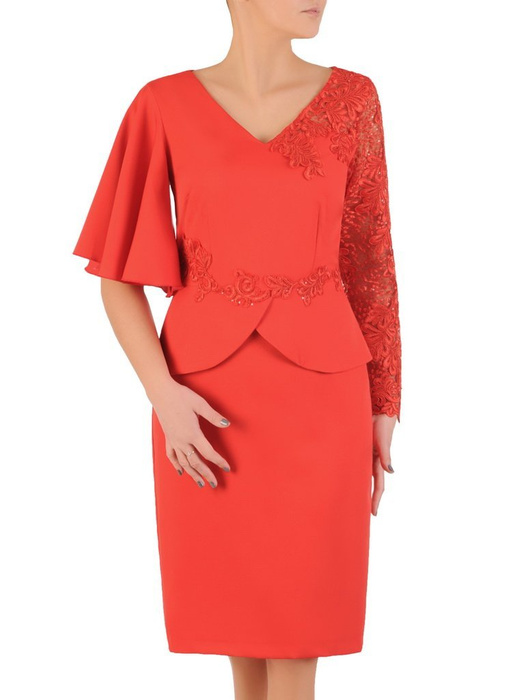 Elegancka sukienka czerwona, kreacja z oryginalnymi rękawami 28555