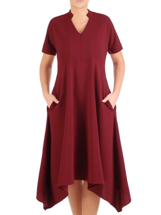 Elegancka bordowa sukienka rozkloszowana midi – kobiecy fason ze stójką pięknie modelujący talię 27921