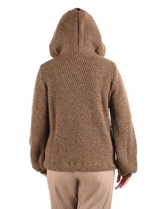 Elegancki sweter damski rozpinany beżowy – prosty fason z bufiastymi rękawami 42176