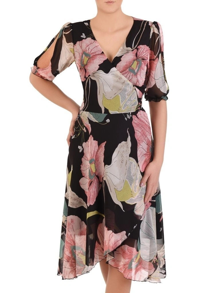 Elegancka sukienka midi w wielobarwne kwiaty – kopertowy dekolt i kobiece wiązanie modelujące sylwetkę 29001