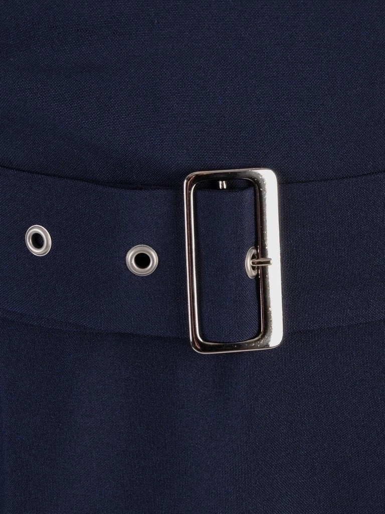 Granatowa sukienka rozkloszowana midi z kontrastowym kołnierzem – kopertowy dekolt z paskiem w talii 18258