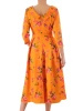 Pomarańczowa sukienka rozkloszowana maxi w kwiaty – elegancki krój z rękawem 3/4 i kontrafałdami 38025