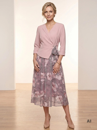Różowa sukienka midi w kwiaty z rękawem 3/4 – rozkloszowany kopertowy fason wysmuklający sylwetkę 32871