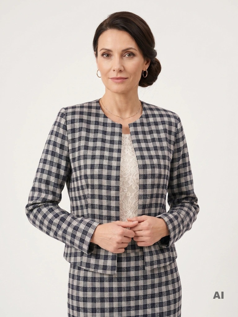 Wizytowy żakiet damski w kratę z połyskującą nitką – kobiecy krój do eleganckich sukienek 31344