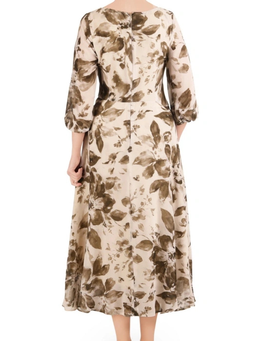 Damska sukienka maxi w jesienne kwiaty khaki – rozkloszowany fason tuszujący biodra 41299