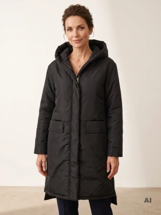 Ocieplany czarny płaszcz damski z kapturem – prosty krój z ozdobnym zamkiem i kieszeniami 31680