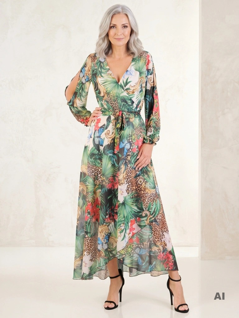 Wzorzysta sukienka rozkloszowana maxi – kobiecy fason z kopertowym dekoltem 33783