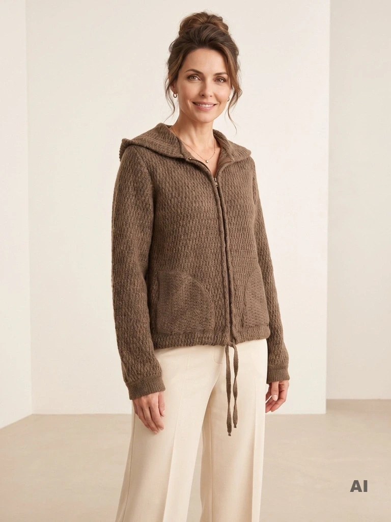 Elegancki sweter damski rozpinany beżowy – prosty fason z bufiastymi rękawami 42176