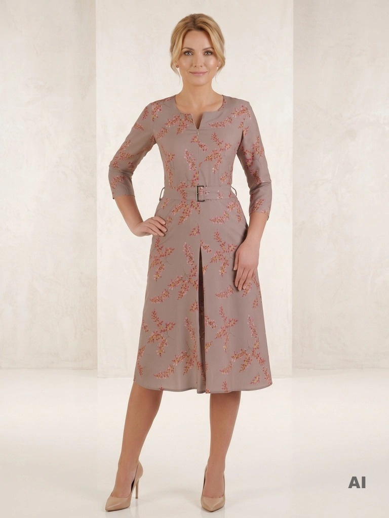 Elegancka sukienka rozkloszowana midi w kwiaty – wysmuklające przeszycia i pasek w talii 24564
