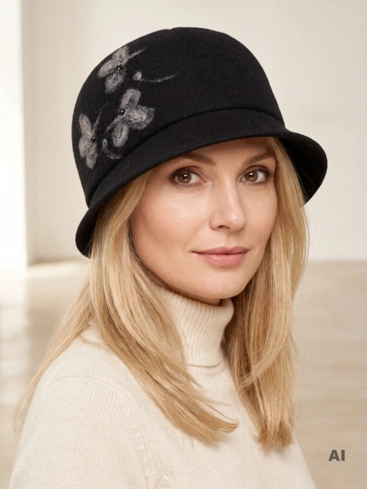 Elegancki czarny kapelusz damski cloche – wywinięte rondo i ozdobny kwiat 42373