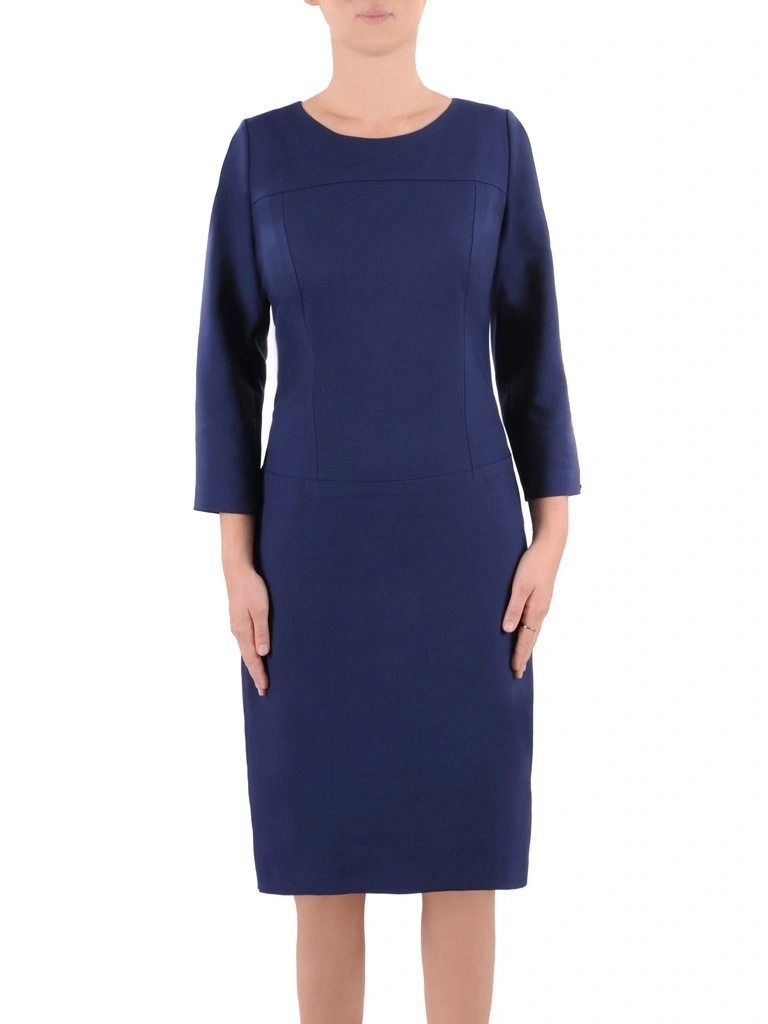 Elegancka granatowa sukienka midi z rękawem 3/4 – prosty, wysmuklający fason do pracy 37004