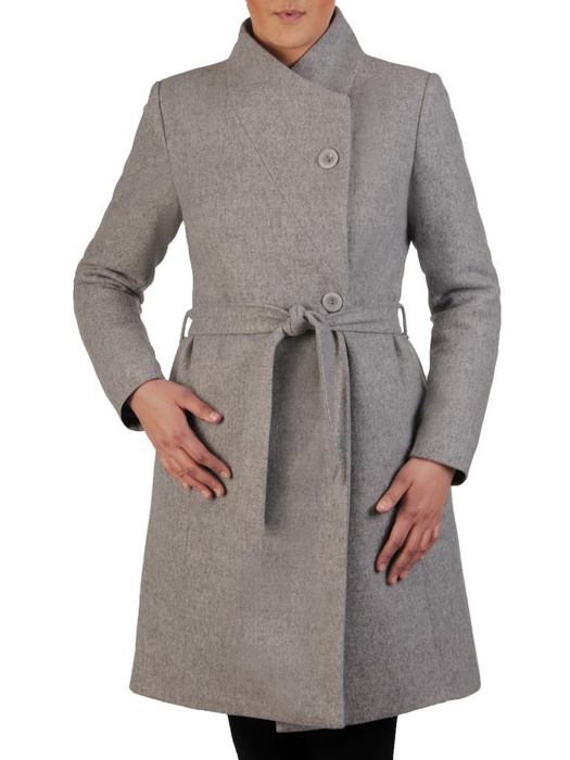Zimowy płaszcz wełniany z ozdobnym wiązaniem 24006