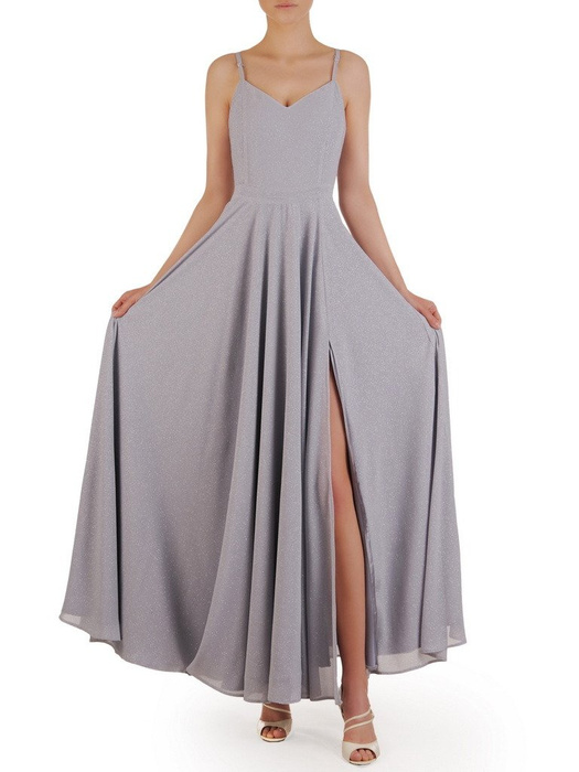 Wieczorowa suknia na cienkich ramiączkach, długa kreacja z połyskującego szyfonu 20995