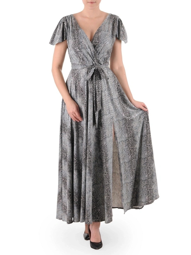 Rozkloszowana sukienka wieczorowa maxi w zwierzęcy wzór – kobiecy dekolt w serek z paskiem w talii 38988