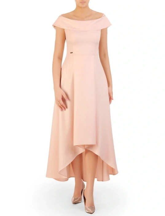 Różowa sukienka maxi rozkloszowana na wesele – asymetryczny dół wydłużający sylwetkę 32704