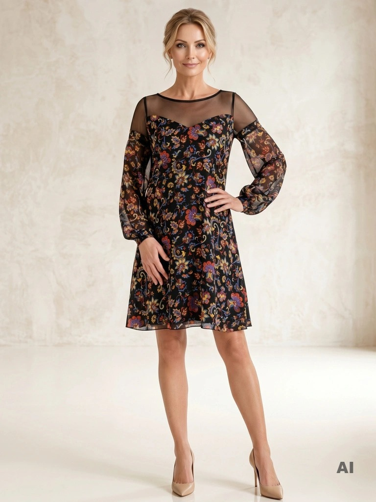 Czarna sukienka w kwiaty trapezowa – wygoda i elegancja z tiulowymi akcentami 25675