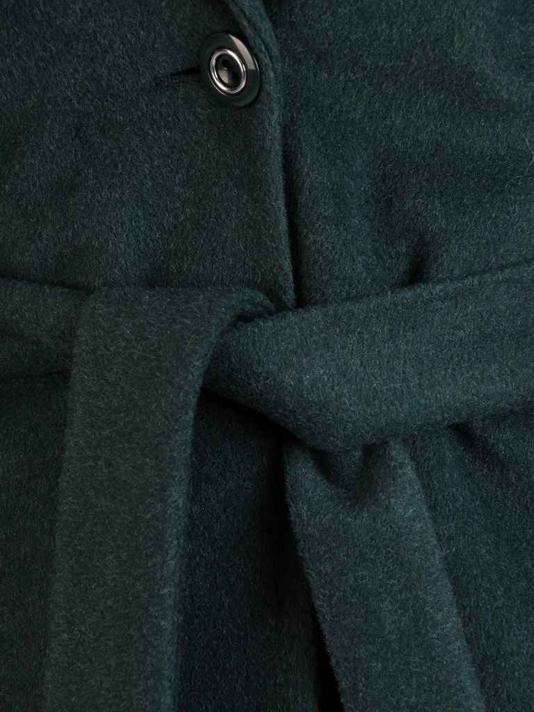 Elegancki zielony płaszcz damski na jesień i zimę – prosty fason z kołnierzem i wiązaniem 27793