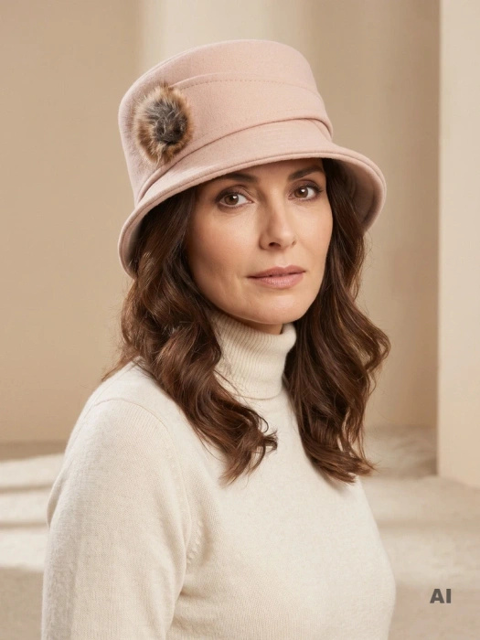 Elegancki kapelusz damski zimowy cloche – ciepły model w jasnym beżu z regulacją obwodu 42363