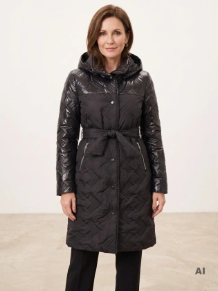 Czarna kurtka jesienna damska z paskiem – wysmuklający fason z odpinanym kapturem 40426