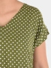 Wiskozowa sukienka rozkloszowana w grochy khaki – fason podkreślający talię i kobiece kształty 41410