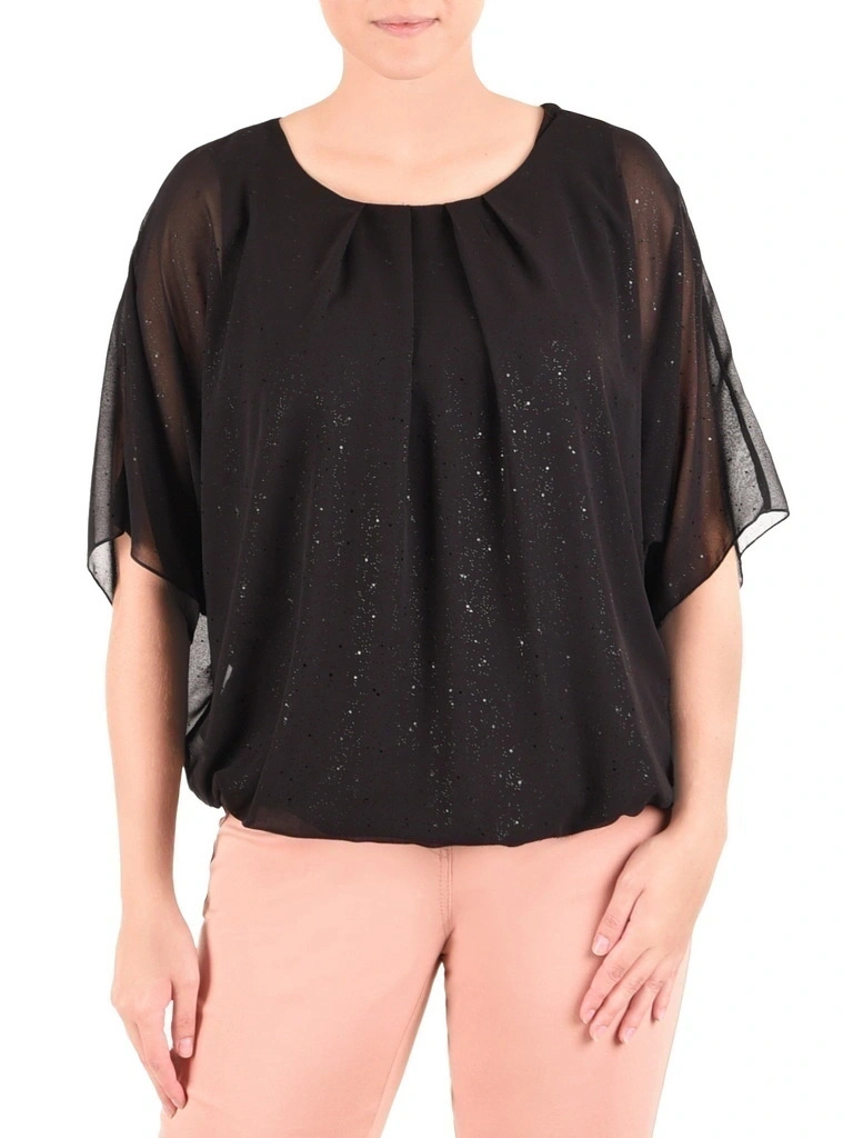 Czarna bluzka Plus Size z rękawami kimono, luźny fason – delikatnie połyskująca na lato 42053