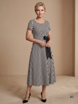 Elegancka sukienka rozkloszowana maxi w paski – kobiecy fason z wiązaniem podkreślającym talię 40005