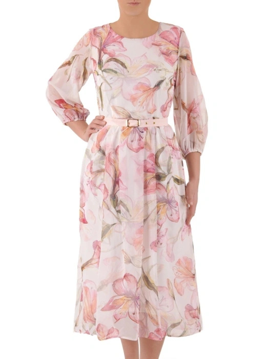 Elegancka sukienka damska maxi rozkloszowana w kwiaty – wysmuklający krój z rękawem 3/4 39273