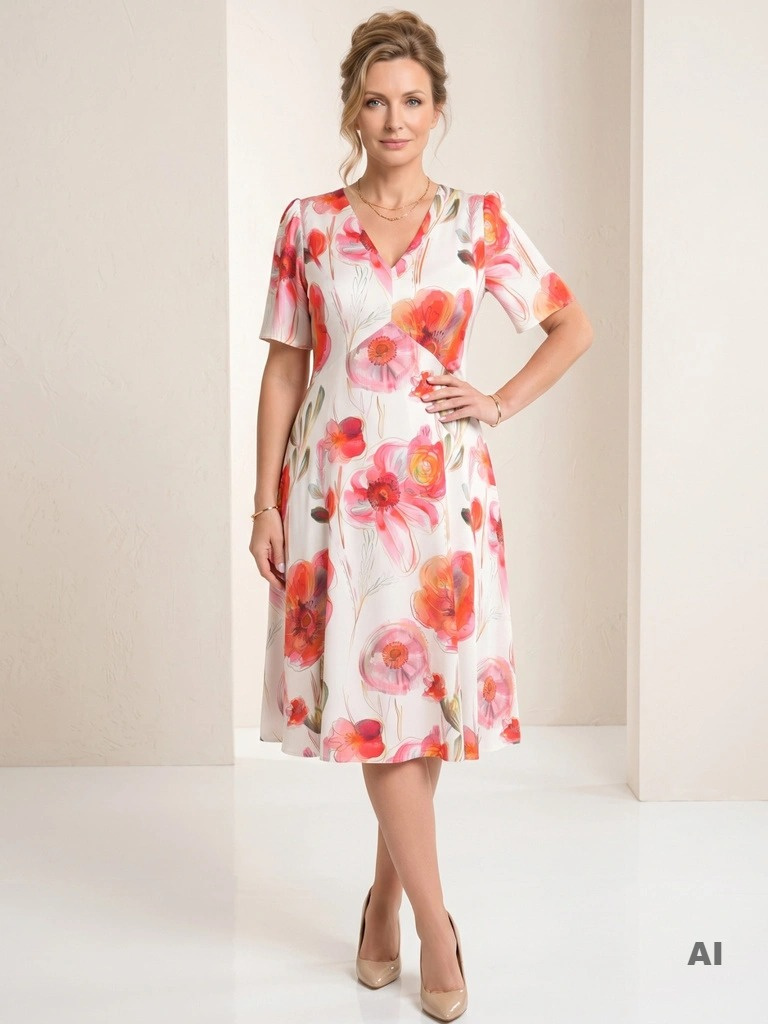 Czerwona sukienka rozkloszowana midi w kwiaty – zwiewny fason modelujący sylwetkę 41746