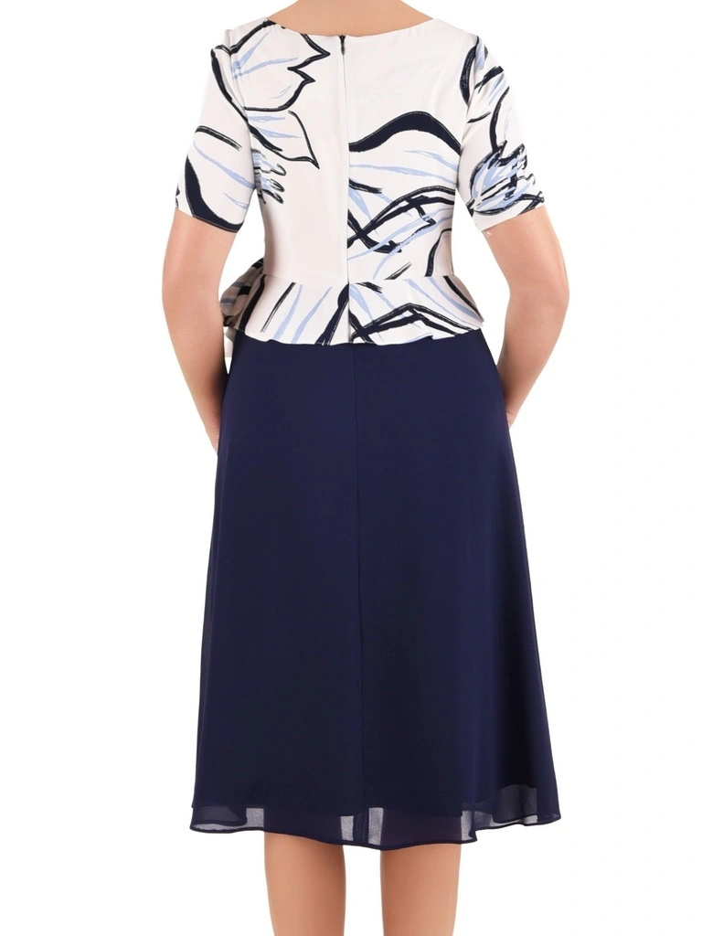 Elegancka granatowa sukienka midi rozkloszowana – subtelne wiązanie modelujące talię 41920