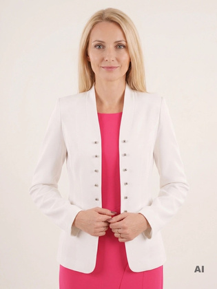 Elegancki biały żakiet damski do sukienki – prosty krój z ozdobnymi guzikami wysmukla sylwetkę 37115