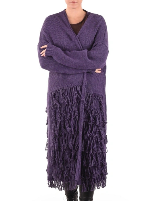 Elegancki sweter damski rozpinany w kolorze fioletowym – luźny fason z modnymi frędzlami 40461