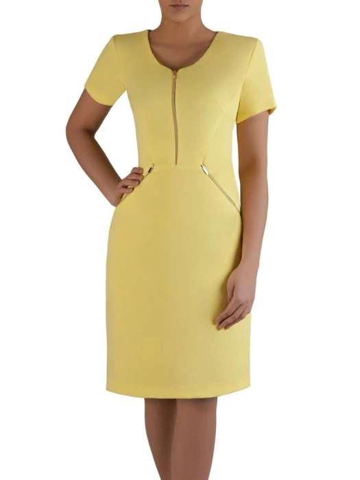 Żółta sukienka wizytowa midi – prosta linia z ozdobnymi suwakami wysmukla sylwetkę 3150