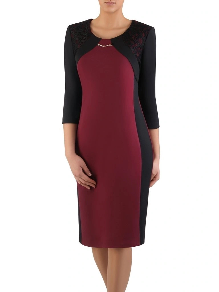 Elegancka sukienka midi o prostym kroju bordowo-czarna – modelujące sylwetkę wstawki z koronką 14700