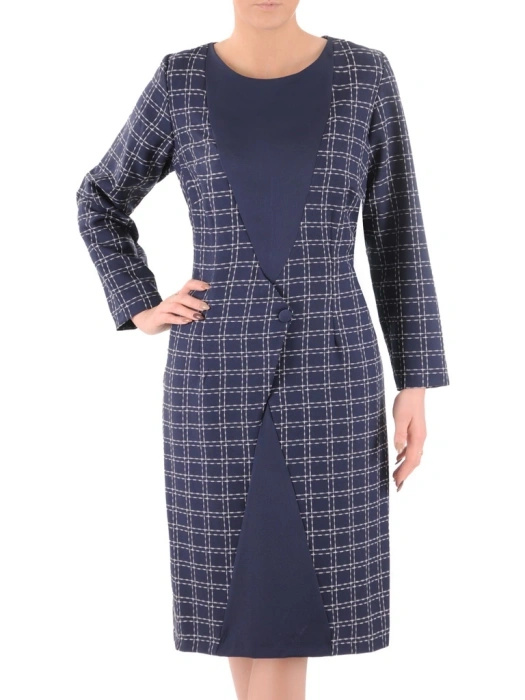 Granatowa sukienka midi w kratę z długim rękawem – elegancki, prosty fason modelujący sylwetkę 31343