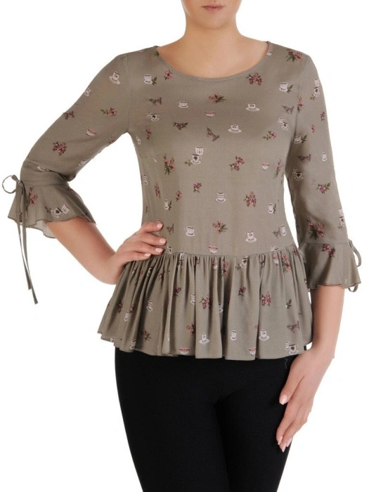 Elegancka bluzka wiskozowa z falbaną khaki – tuszujący biodra rozkloszowany fason 19954