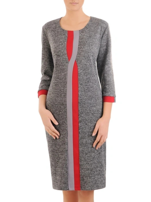 Elegancka szara sukienka do pracy o prostym fasonie – kontrastowe wstawki wysmuklające figurę 31266