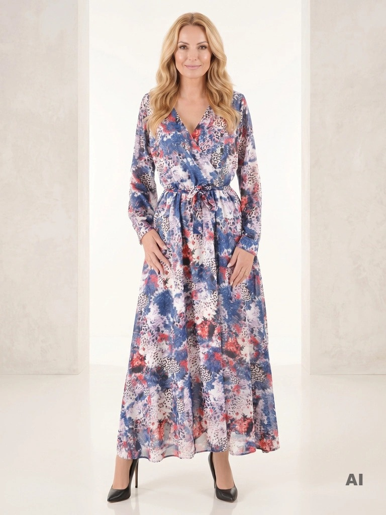 Rozkloszowana sukienka maxi w motyw floralny i panterkę – pasek w talii i kopertowy dekolt 38022