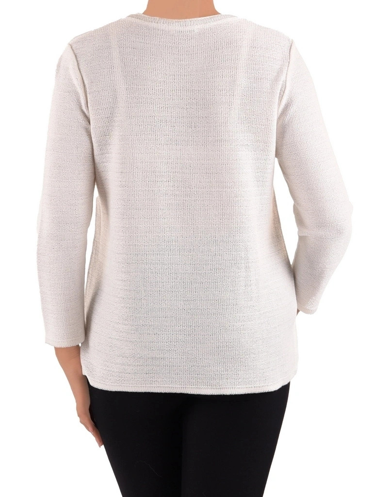 Elegancki beżowy sweter damski w kwiaty – swobodny prosty fason z bocznymi rozcięciami 40827