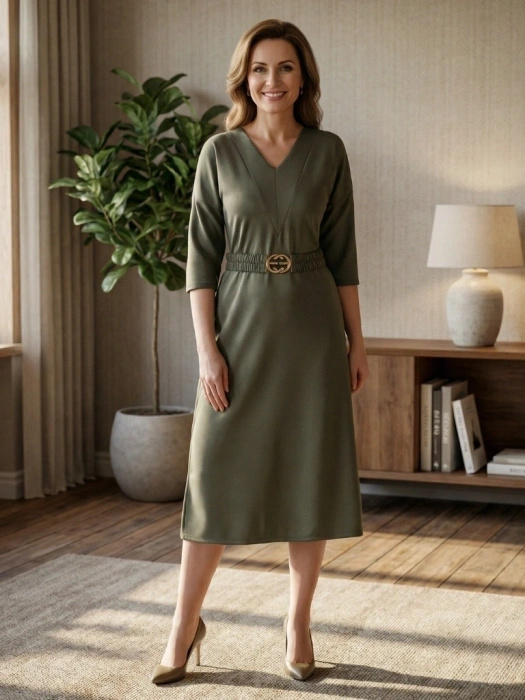 Elegancka sukienka khaki trapezowa z paskiem i rękawem 3/4 – swobodny krój midi z bocznymi rozcięciami 39476
