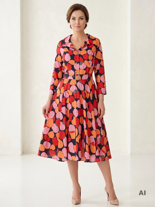 Czerwona sukienka rozkloszowana midi w print – modelujący pasek i rękaw 3/4 35312